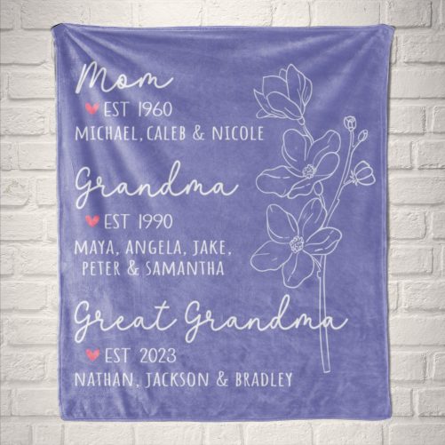 Great Grandma Blanket with Grandkid Names Grandparent Gift Grandmother Custom Throw Blanket Mother in law Mothers Day Christmas Birthday purple