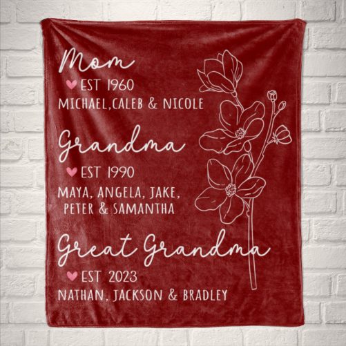Great Grandma Blanket with Grandkid Names Grandparent Gift Grandmother Custom Throw Blanket Mother in law Mothers Day Christmas Birthday red