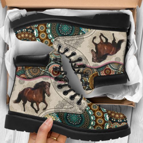 Horse Vintage Mandala Asboot Icelandic Horses Vegan Boots All Season Boots For Womens Mens Personalized Boots Customized Boots