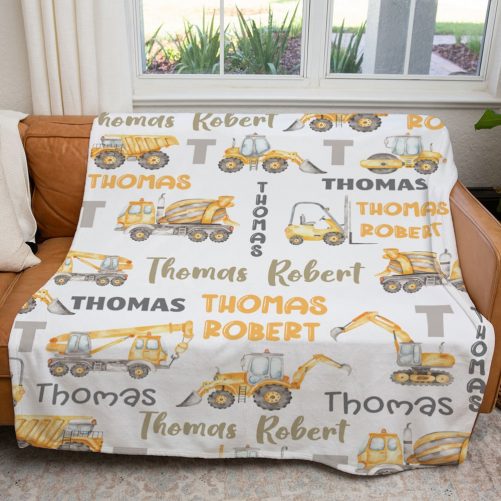 Personalized Construction Blanket For Baby Boy