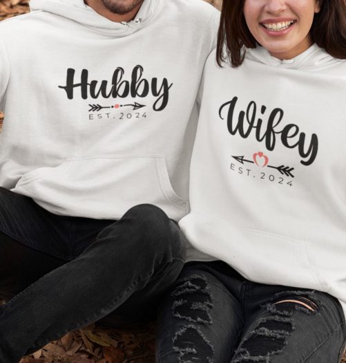 Matching Couple Hoodies Hubby Wifey Est   Custom Year 1