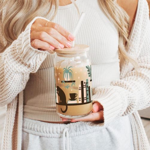 Cats On Bookshelf Plants Iced Coffee Glass Cup With Lid and Straw Clear Glass