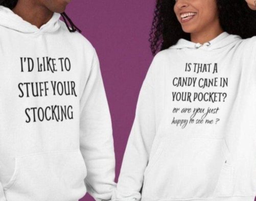 Matching Couple Hoodies Matching Stuff Your Stocking Candy Cane Pocket? Happy To See Me? Funny Xmas Set