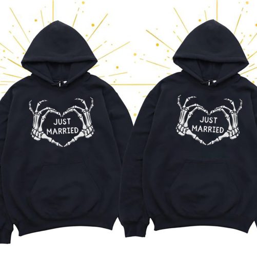 Matching Couple Hoodies Just Married Goth Wedding Skeleton Heart   Gift For Couple 1