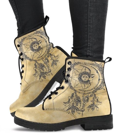 Beige Celestial Dream Catcher Women's Vegan Leather Combat Boots 1