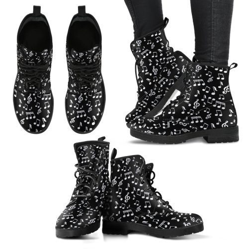 Black Music Notes Design Women's Vegan Leather Boots 1