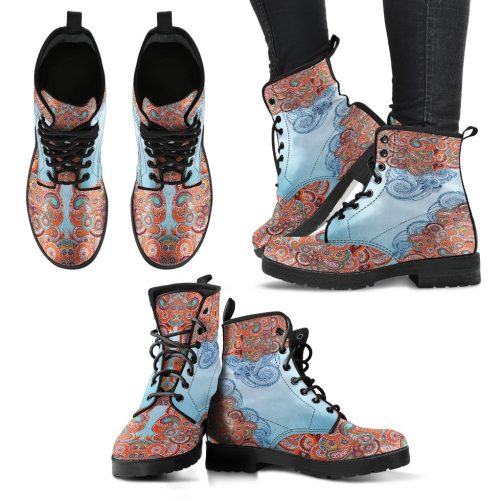 Blue Paisley Mandala Handcrafted Women's Vegan Leather Combat Boots 1