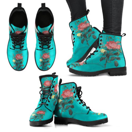 Blue Rose Floral Print Women's Vegan leather Combat Boots 1