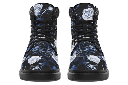 Blue Rose Romance Classic Boots   High Quality Micro Suede Weatherproof Vegan Shoes with Stitched on Soles