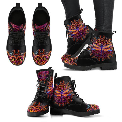 Bright Dragonfly Mandala Handcrafted Vegan Leather Combat Boots 1