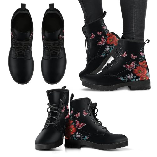 Butterflies and Flowers Handcrafted Women's Vegan Leather Combat Boots 1