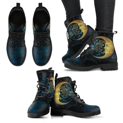 Celestial Moon Handcrafted Vegan Leather Combat Boots 1