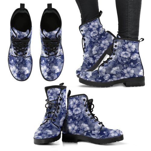 Cherry Blossoms in Blue Women's Vegan Combat Boots 1