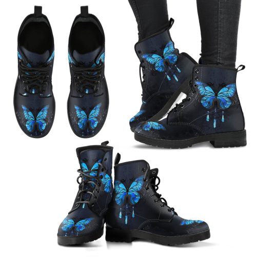 Combat Boots Blue butterfly Women's Vegan Leather Boots 1