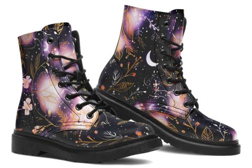 Cosmic Petals Boots   Vegan Leather Doc Style Boots with Durable Stitched on Soles 1