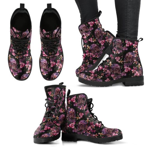 Cottagecore Floral Skull Women's Vegan Leather Combat Boots 1