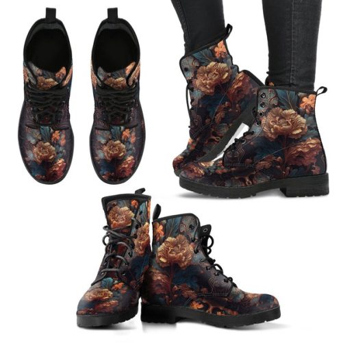 Dark Cottagecore Peony floral Women's Vegan Leather Boots 1