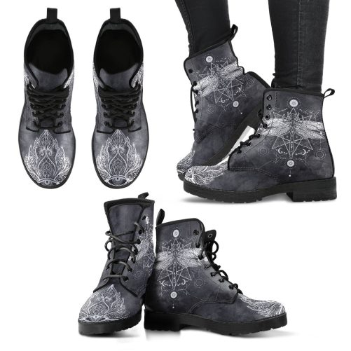 Dragonfly Lotus Handcrafted Women's Vegan Leather Combat Boots 1