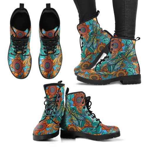 Dragonfly Mandalas Women's Vegan Leather Combat Boots 1