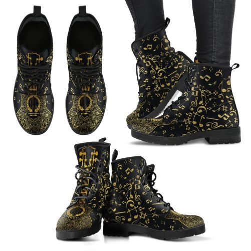 Gold Music Notes Women's Vegan Leather Combat Boots 1
