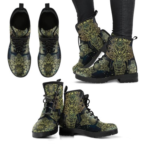 Golden Elephant Mandala Handcrafted Women's Vegan Leather Combat Boots 1