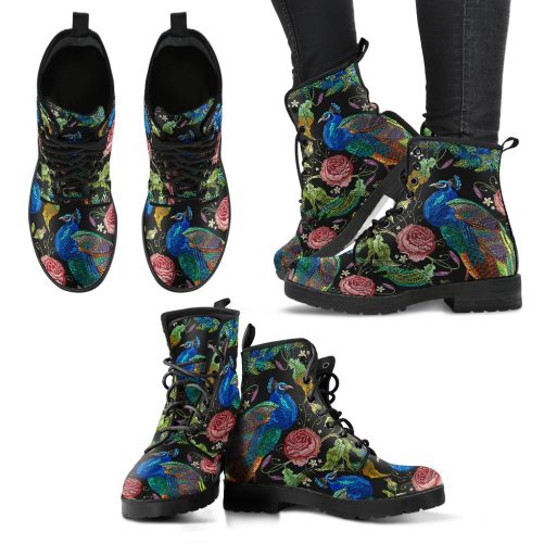 HandCrafted Artful Peacock Women's Vegan Leather Combat Boots 1