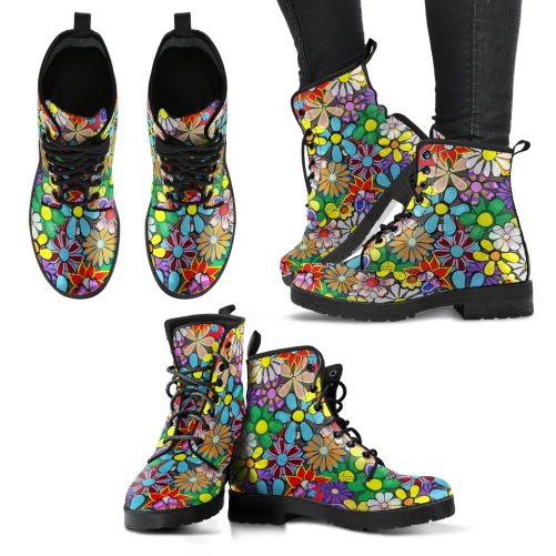 Hippie Flower Power Boho Women's Vegan Leather Combat Boots 1