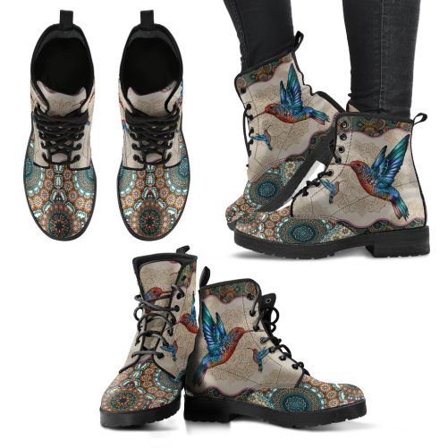 Hummingbird Vintage Mandala Women's Vegan Leather Combat Boots 1