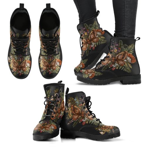 Jungle Leaves and Flowers Tropical Women's Vegan Leather Combat Boots 1