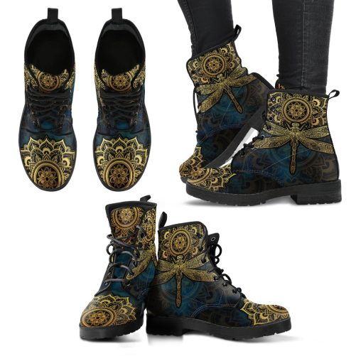 Mandala Dragonfly Gold Handcrafted Women's Vegan Leather Combat Boots 1