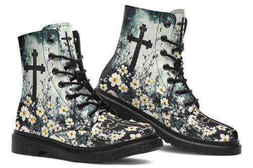 Mourning Petals Boots   Vegan Leather Doc Style Boots with Durable Stitched on Soles 1