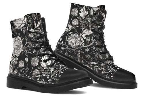 Noir Bouquet Boots   Vegan Leather Doc Style Boots with Durable Stitched on Soles 1
