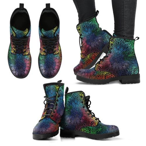 Rainbow Mandala Women's Leather Combat Boots 1
