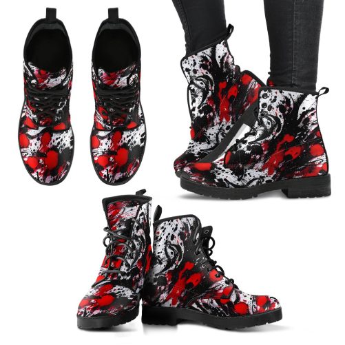 Red And Black Ink Splatter Women's Vegan Leather Combat Boots 1