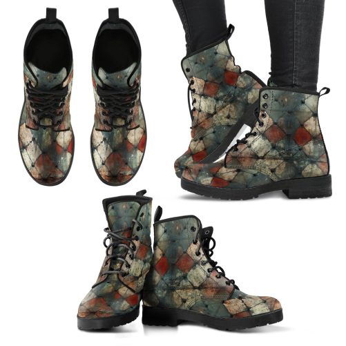 Rustic Grid Patina Women's Vegan Leather Combat Boots 1
