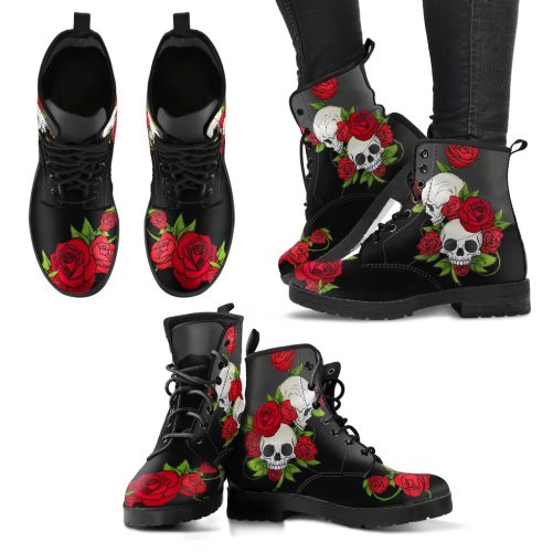 Skulls and Red Roses Women's Vegan Leather Combat Boots