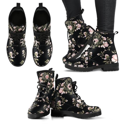 Soft Delicate Pink Flowers Women's Vegan Leather Combat Boots 1