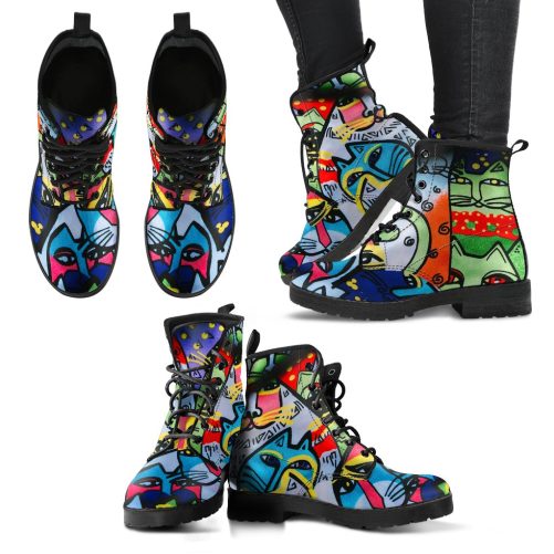 Street Art Cats Women's Vegan Leather Combat Boots 1