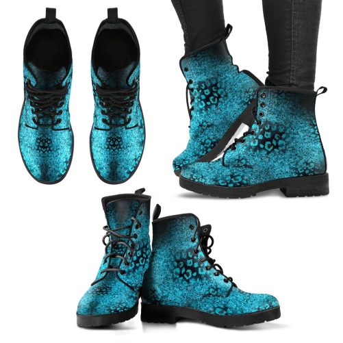 Teal, Black and Blue Leopard Spot Women's Vegan Leather Combat Boots 1