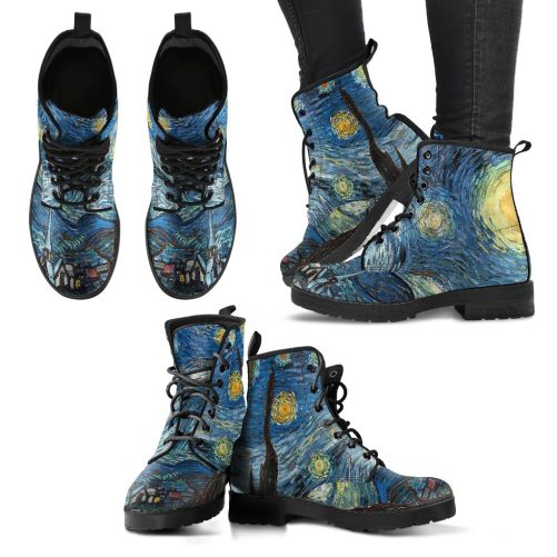 Van Gogh's Starry Nights Women's Vegan Leather Combat Boots 1