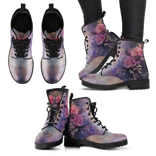 Vintage Dark Gothic Roses Women's Vegan Leather Combat Boots 1
