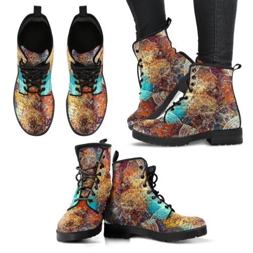 Vintage Mandala with Turquoise Splash Handcrafted Women's Vegan Leather Combat Boots 1