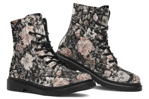 Vintage Peonies Boots   Vegan Leather Doc Style Boots with Durable Stitched on Soles 1