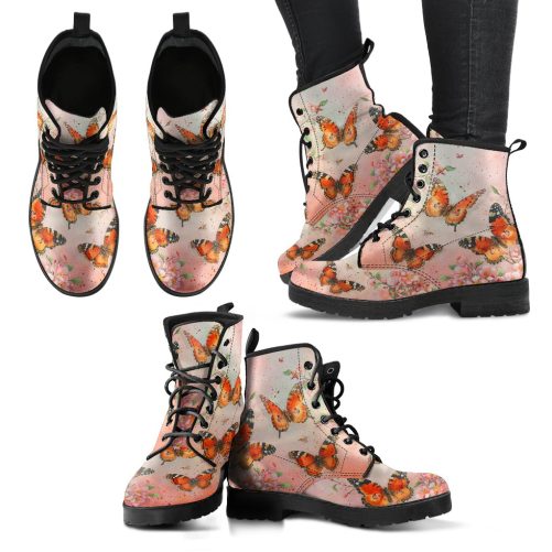 Watercolor Spring Butterfly Women's Vegan Leather Combat Boots 1