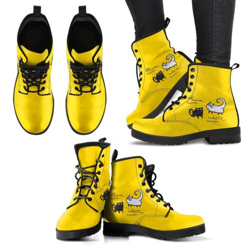 White Cat, Black Cat, Yellow Women's Vegan Leather Combat Boots 1