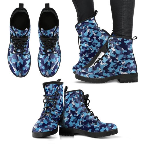Blue Camouflage Women's Vegan Leather Combat Boots 1