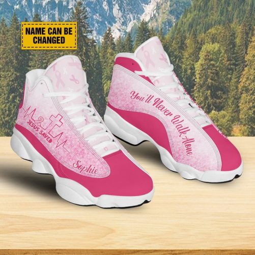 Breast Cancer Warrior Personalized Basketball Shoes Jesus Saved Heartbeat Running Shoes You'll Never Walk Alone Breast Cancer Support Gift 2