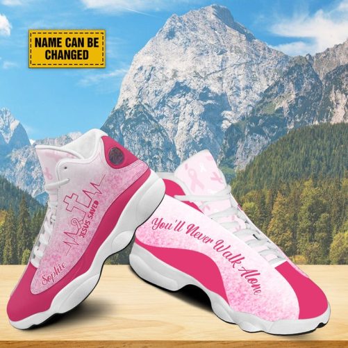 Breast Cancer Warrior Personalized Basketball Shoes Jesus Saved Heartbeat Running Shoes You'll Never Walk Alone Breast Cancer Support Gift