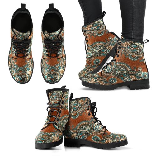 Brown Paisley Handcrafted Women's Vegan Leather Combat Boots 1