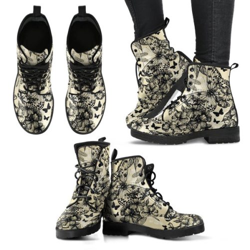 Butterfly Flowers in Black & White Vegan Leather Combat Boots